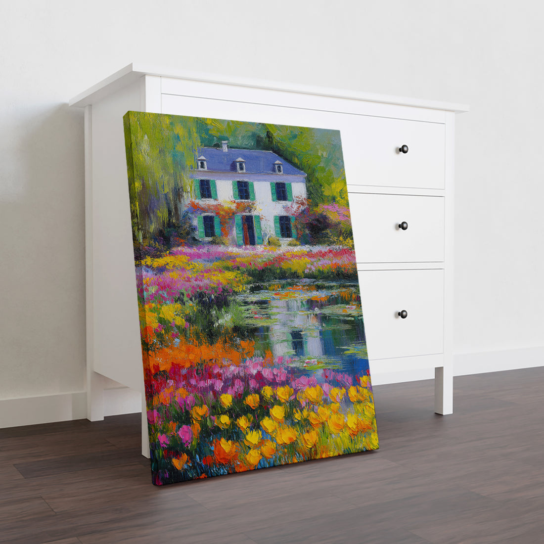 Transform your living space with this stunning impressionist canvas that captures the serene beauty of a flourishing garden. Featuring vibrant tulips and a tranquil pond set against a charming cottage backdrop, this landscape painting brings nature's palette directly into your home. The soft, artistic brushwork creates an inviting atmosphere perfect for living rooms, bedside walls, or above sofas. High-quality canvas construction ensures lasting color vibrancy and durability.