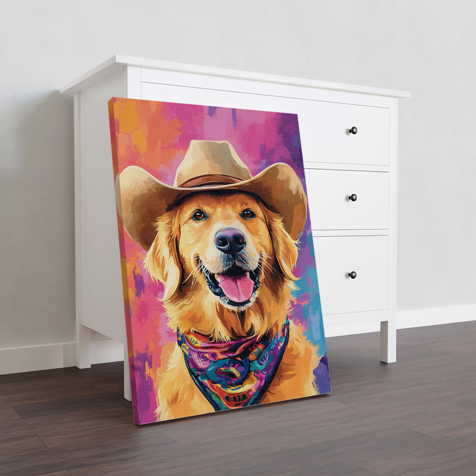 Add a touch of charm to your living space with our Colorful Golden Retriever Canvas Wall Art featuring a cowboy hat-wearing dog. Perfect for your living room or as a bedside decoration, this piece adds a playful yet stylish touch to any room.