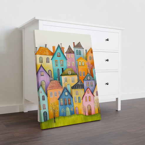 Colorful houses whimsical cityscape canvas wall art for living room decor
