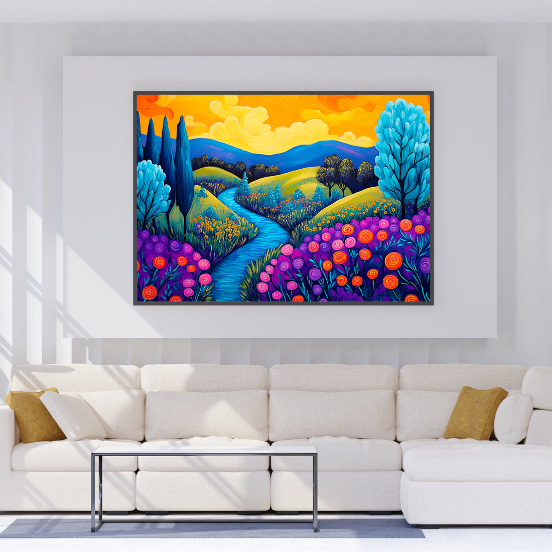 Experience the vibrant beauty of the outdoors with our Colorful Landscape Canvas Wall Art. This stunning piece features a lush river valley adorned with wildflowers, bringing a touch of nature into any living space. Perfect for a living room, sofa backdrop, bedside decoration, or home decor.