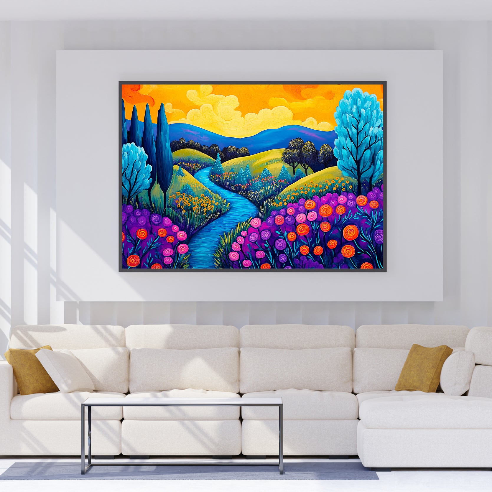 Experience the vibrant beauty of the outdoors with our Colorful Landscape Canvas Wall Art. This stunning piece features a lush river valley adorned with wildflowers, bringing a touch of nature into any living space. Perfect for a living room, sofa backdrop, bedside decoration, or home decor.