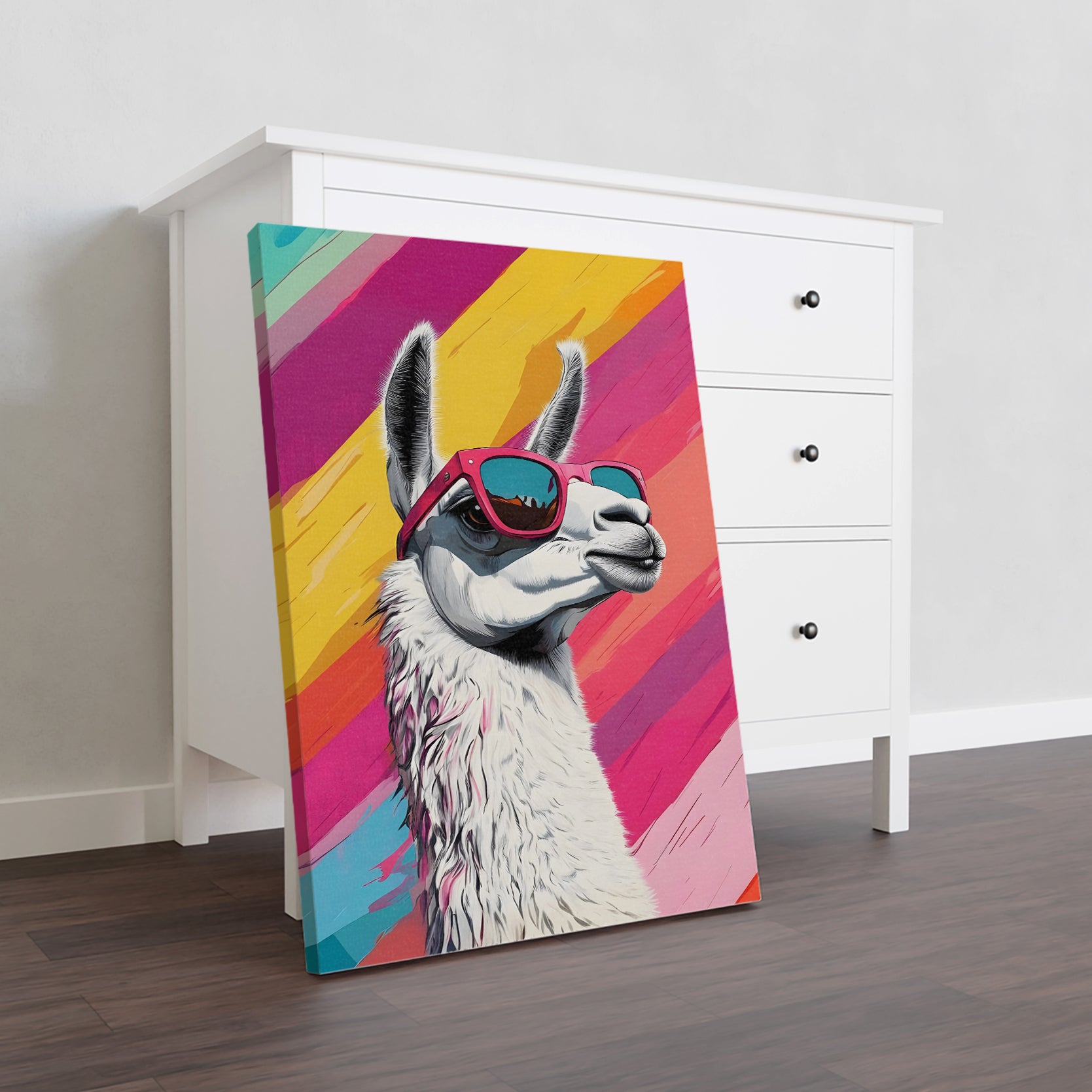 Add a playful touch to your home decor with our Colorful Llama Canvas Wall Art featuring a cool sunglasses design. Perfect for sprucing up your living room, sofa backdrop, or bedside, this canvas art will bring a burst of color and personality to any space. Expertly crafted and sure to make a statement.