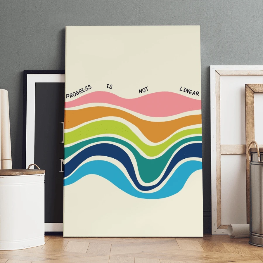 Transform your space with this vibrant motivational canvas art featuring the empowering message "Progress Is Not Linear." Perfect for bedrooms, living rooms, offices, and beyond, this piece combines vintage-inspired design with contemporary color palettes to inspire daily. Crafted on premium canvas with a sturdy frame, this water-resistant artwork withstands moisture and humidity. The removable design makes it easy to reposition or relocate whenever you refresh your décor. Whether you're seeking to motivate