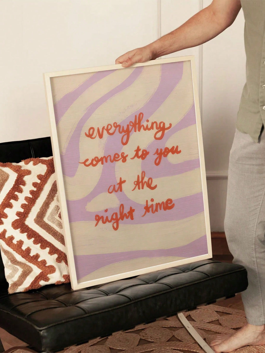 Transform your space into a personal sanctuary of inspiration with this vibrant motivational poster. Featuring the empowering message "Everything At The Right Time," this wall art serves as a daily reminder that patience and trust in the process yield meaningful results.