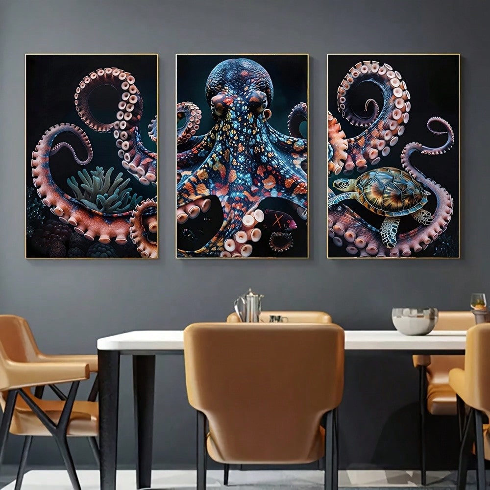 This exclusive Colorful Octopus Canvas Wall Art Set features a vibrant 3-piece frameless design that will add a pop of color to any room in your home. Made from high-quality canvas, it makes for a perfect gift for any art lover or ocean enthusiast.