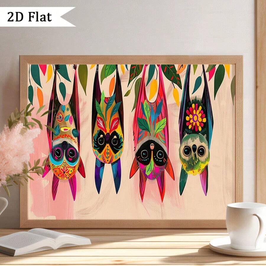 Colorful folk art bats hanging among leaves in a framed canvas poster
