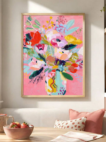 Colorful abstract flower vase canvas poster with bold bouquet on pink background