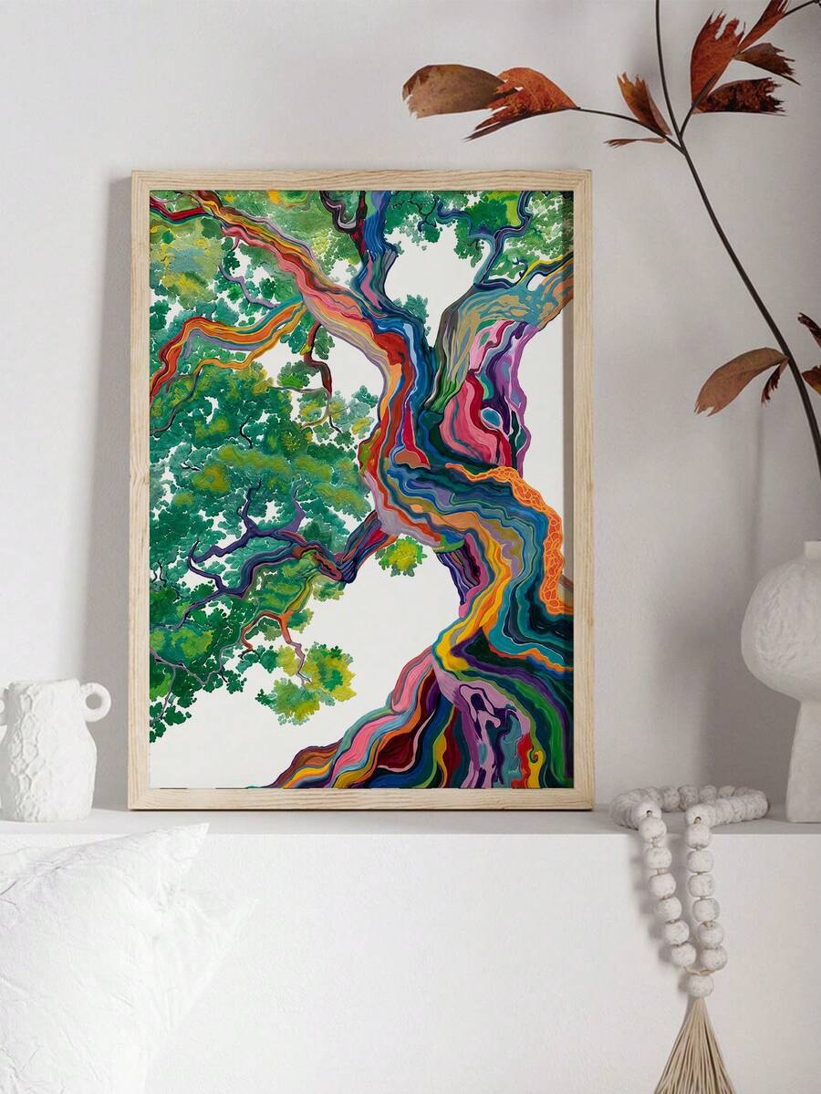 Colorful psychedelic tree print in a light wood frame on a white shelf