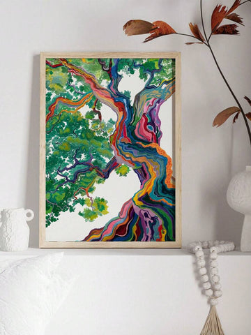 Colorful psychedelic tree print in a light wood frame on a white shelf