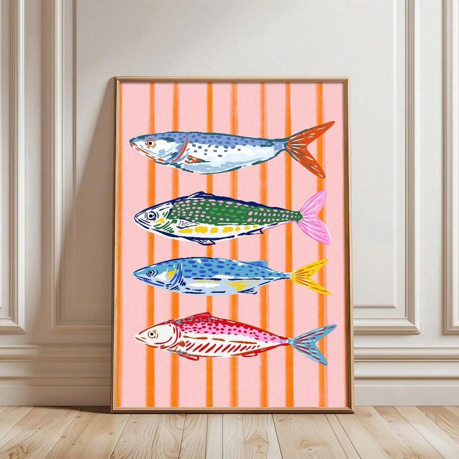 Colorful sardines kitchen canvas print with pink orange striped background
