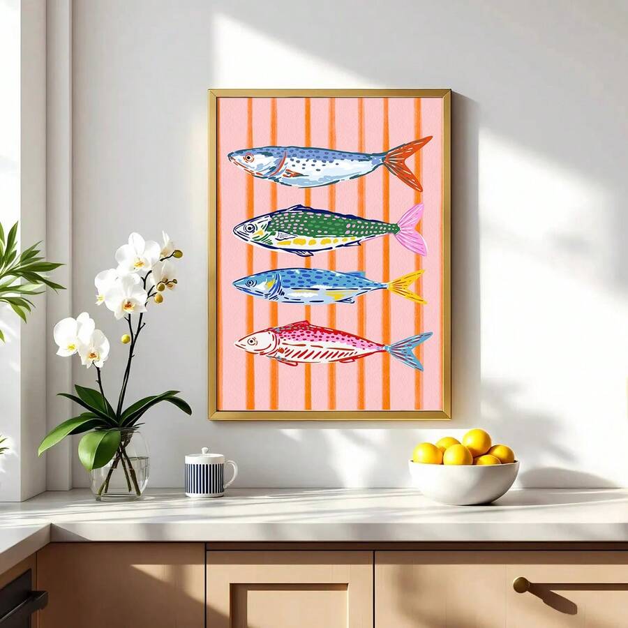 Colorful sardines kitchen canvas print with pink orange striped background