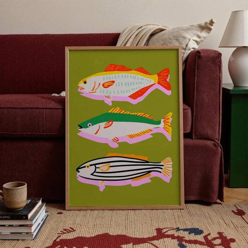 Colorful sardines whimsical seafood wall art print for eclectic living room decor