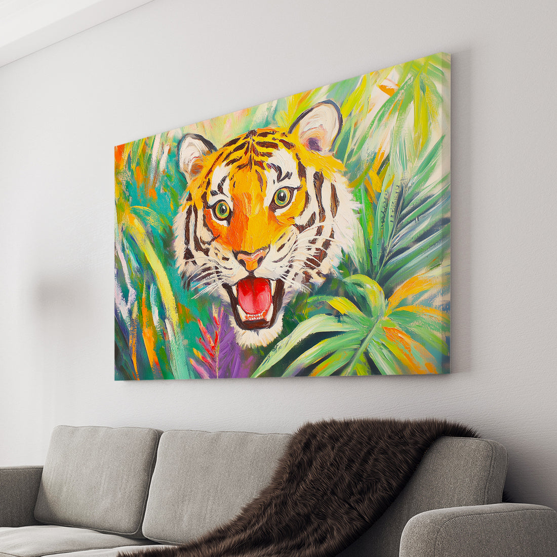 Transform your living room, sofa backdrop, or bedside into a wild jungle with our colorful tiger canvas wall art. Expertly painted with a vibrant jungle theme, this piece will add a touch of exotic beauty to your home decor. Made with high-quality materials, it is sure to be a conversation starter for any room.