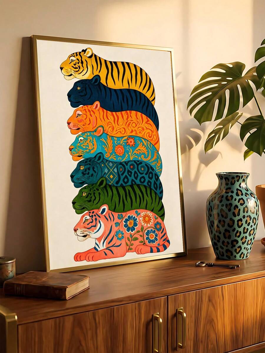 Colorful tiger wall art with stacked striped tigers