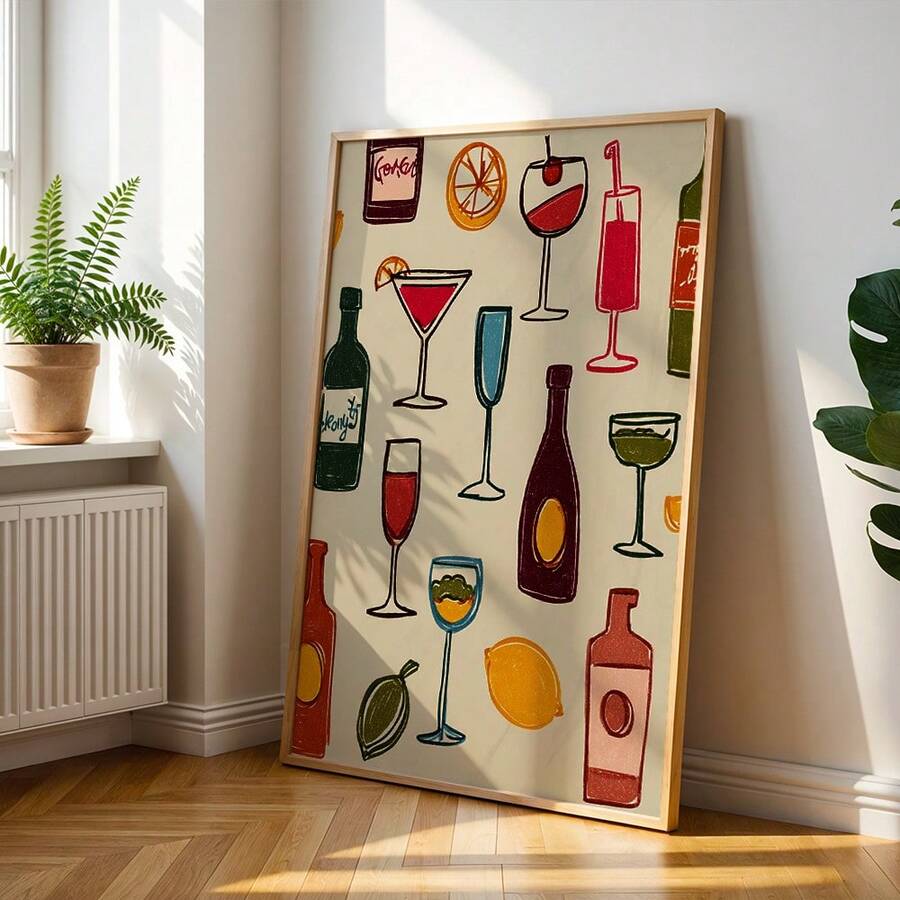Colorful vintage drink cups canvas poster with playful café illustrations