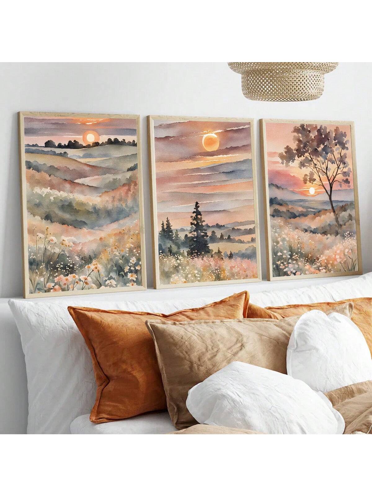 Add a touch of wanderlust to your home decor with these beautiful Colorful Watercolor Sunset Landscape Art Prints. This 3-piece set of prints will bring vibrant colors and a sense of adventure to any bedroom or hallway. Perfect for travel lovers and those looking to add a pop of color to their space.
