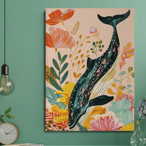 Colorful whale print for playful nautical kids room wall decor