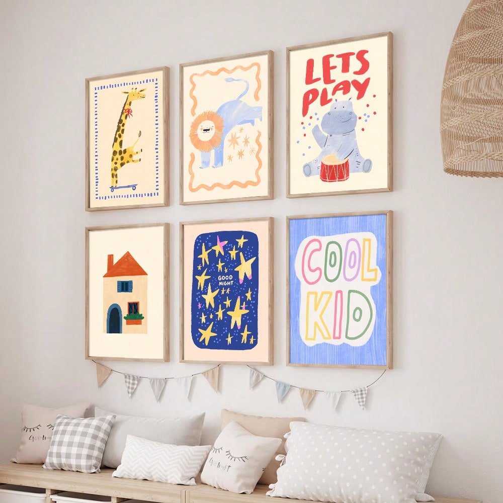 Transform your child's bedroom into a vibrant safari adventure with this delightful trio of canvas posters featuring a majestic lion, graceful elephant, and towering giraffe.