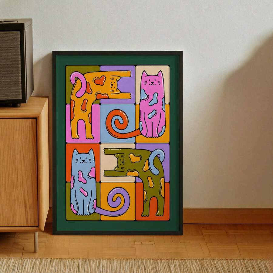 Colorful Whimsical Cat Canvas Print - Mid Century Modern Abstract Wall Art for Cat Lovers and Fun Home Decor