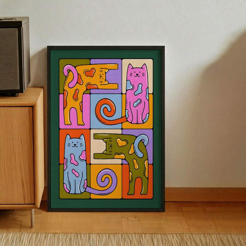 Colorful whimsical cat canvas print with abstract mid century inspired design
