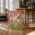 Framed botanical canvas with white blossoms in yellow green vase on pink and teal ground