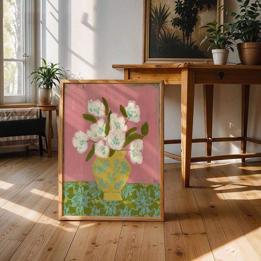 Framed botanical canvas with white blossoms in yellow green vase on pink and teal ground