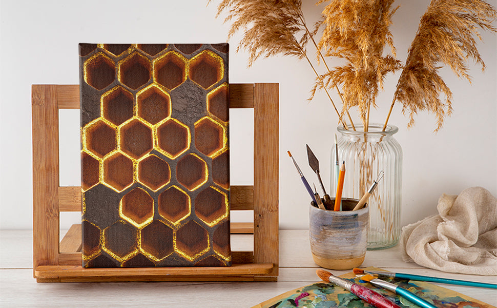 Elevate your interior with this striking modern canvas art featuring an intricate honeycomb pattern rendered in rich dark brown and gold tones. The geometric design brings contemporary sophistication to any room, whether displayed above your sofa, beside your bed, or as a focal point in your living space.
