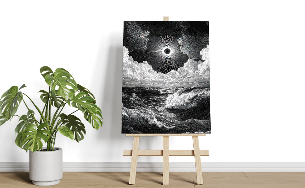 This striking black and white canvas captures a dramatic ocean wave beneath a captivating eclipse, creating a powerful seascape that enhances any living space. Perfect as a focal point above a sofa or bedside, this artwork adds depth and sophistication to your home decor with its bold contrast and dynamic composition. Crafted to bring a sense of movement and tranquility, it complements modern interiors while evoking the timeless beauty of nature.