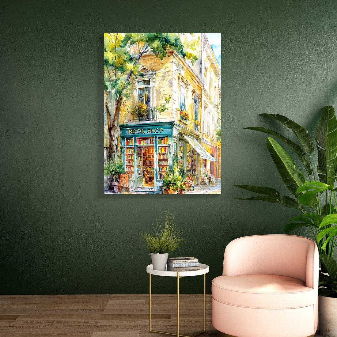 Transform your space with this evocative watercolor canvas art depicting a charming book shop nestled on a quiet street corner. Rendered in soft, flowing watercolor tones, the piece captures the romantic allure of literary spaces and urban architecture. The muted palette and artistic technique create a sophisticated focal point that complements contemporary and traditional interiors alike.