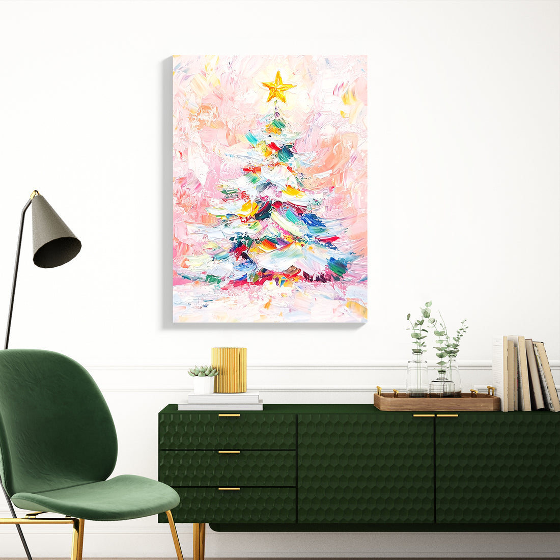 This striking abstract impasto Christmas tree canvas print brings contemporary artistry to your seasonal décor. Rendered with bold, textured brushwork, the piece combines festive symbolism with modern aesthetic appeal, creating visual depth that commands attention from across any room.