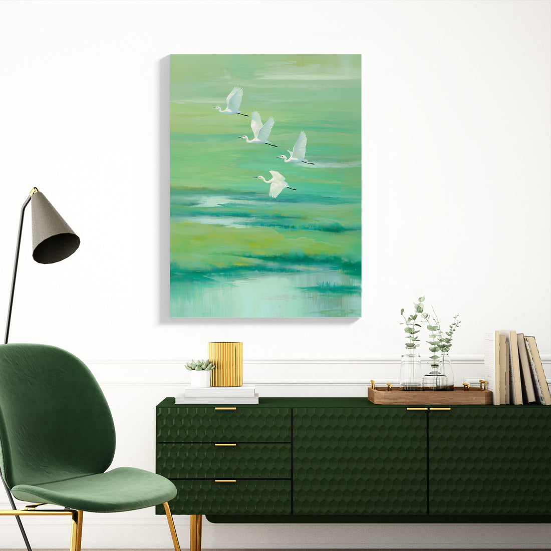 Elevate your interior with this striking canvas wall art featuring graceful flying cranes rendered in soothing green and turquoise hues. The abstract nature composition brings movement and tranquility to any space, making it an ideal focal point above your sofa, bed, or living room wall.