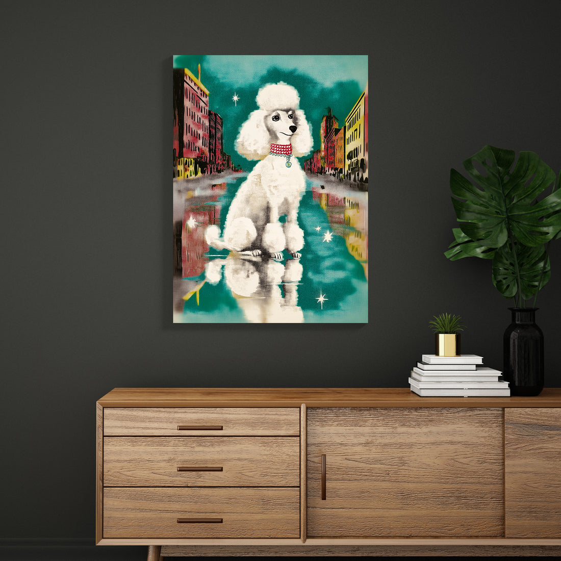 Transform your living space with this striking Urban Poodle Wall Art, a contemporary canvas print featuring an elegant white poodle set against a vibrant city street backdrop. Perfect for modern interiors, this piece brings sophistication and artistic flair to your sofa wall, bedroom, or any room seeking a refined focal point.