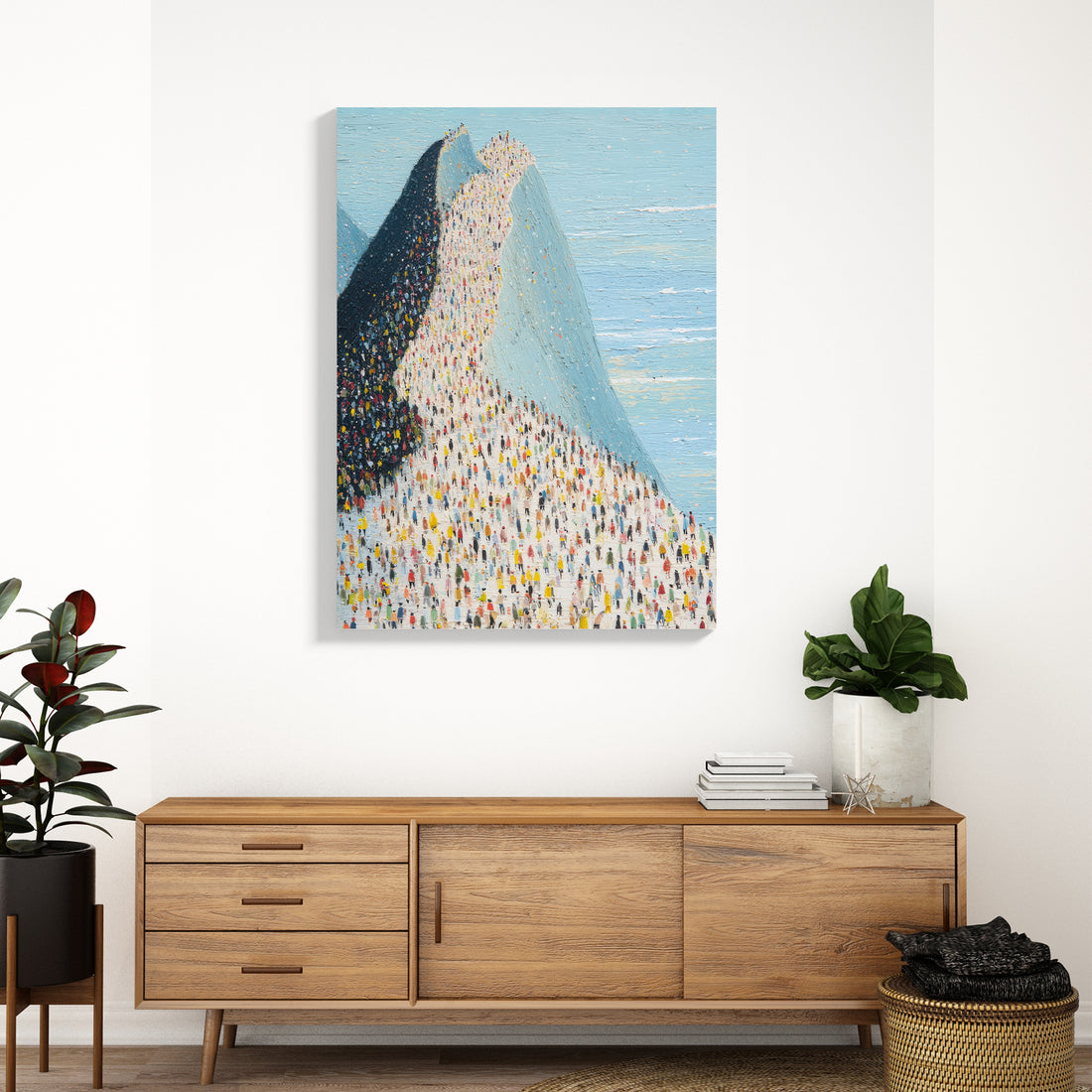 Transform your living space with this striking modern mountain landscape canvas. Featuring a dynamic crowd scene composition, this large-scale artwork captures the grandeur of natural vistas with contemporary artistic flair. The expansive dimensions make it an ideal focal point above sofas, bedroom walls, or any area craving visual impact. Rich color gradations and detailed brushwork create depth that draws viewers in, while the versatile aesthetic complements both minimalist and eclectic interiors.