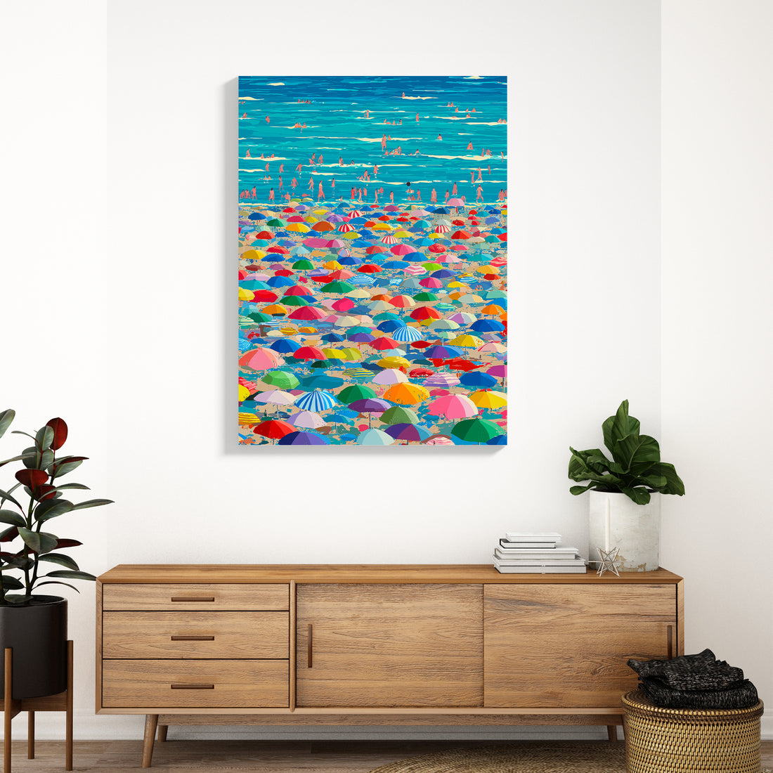 Transform your space with this vibrant canvas wall art featuring a stunning summer ocean scene. The composition showcases colorful beach umbrellas set against a serene coastal backdrop, bringing warmth and vacation-inspired charm to any room.