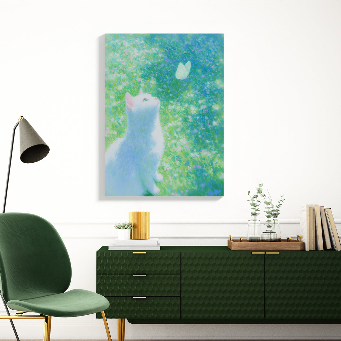 Bring enchanting garden charm into your home with this whimsical canvas wall art featuring a curious cat surrounded by delicate butterflies in a serene blue and green landscape. The soft, dreamy color palette creates a calming focal point perfect for living rooms, bedrooms, or above sofas.