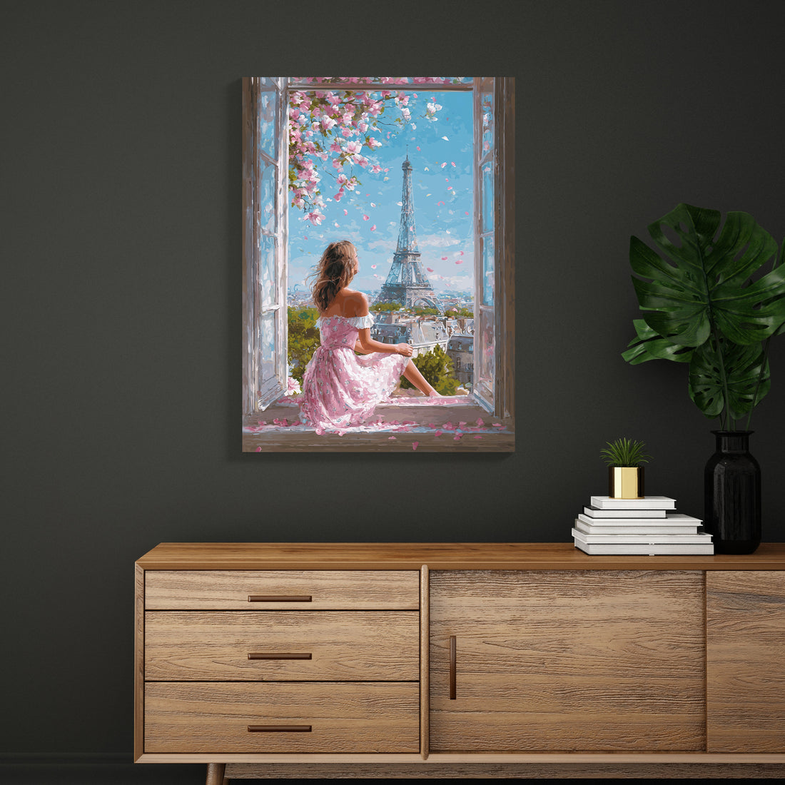 Transform your space with this enchanting canvas art featuring a romantic Parisian spring scene. The composition captures the iconic Eiffel Tower framed by delicate cherry blossoms in full bloom, creating a serene yet sophisticated aesthetic. Perfect for living rooms, bedrooms, or any area needing an elegant focal point, this piece brings timeless European charm and natural beauty into your home. The soft color palette and dreamy composition evoke tranquility while adding cultural sophistication to your déc