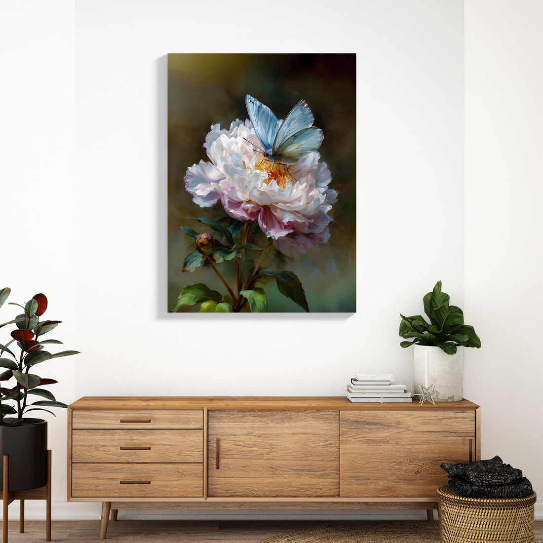 Transform your living space with this sophisticated canvas wall art featuring delicate peonies and graceful butterflies rendered in soft pink and blue tones. The refined floral composition brings timeless elegance to any room, whether displayed above a sofa, beside your bed, or as a focal point in your living area. Hand-painted details capture the natural beauty of blooming flowers with artistic precision, while the calming color palette creates a serene atmosphere.