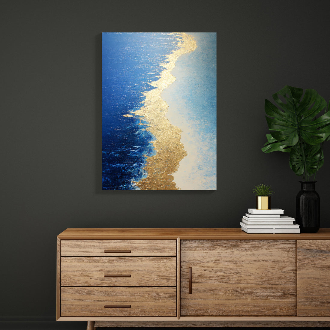 Elevate your interior with this striking abstract ocean canvas, where fluid blue tones merge with luxurious gold accents to capture the essence of coastal elegance. The dynamic wave composition creates visual movement and depth, making it an ideal focal point above sofas, beds, or living room walls. Crafted with attention to color harmony and contemporary design, this piece brings sophistication and tranquility to any space. Perfect for those seeking to infuse their home with modern coastal aesthetics witho