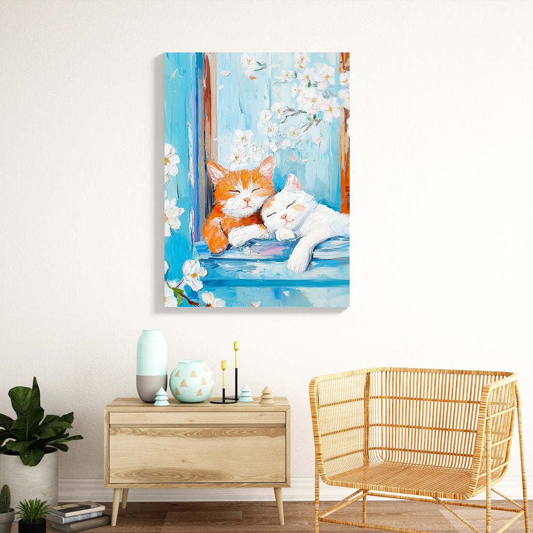 Transform your space with this captivating canvas wall art featuring serene sleeping cats rendered in rich oil painting style. The tranquil composition showcases feline subjects nestled against a soothing blue floral background, creating a harmonious blend of nature and comfort. Perfect for living rooms, bedrooms, or above sofas, this piece adds warmth and personality to any interior.