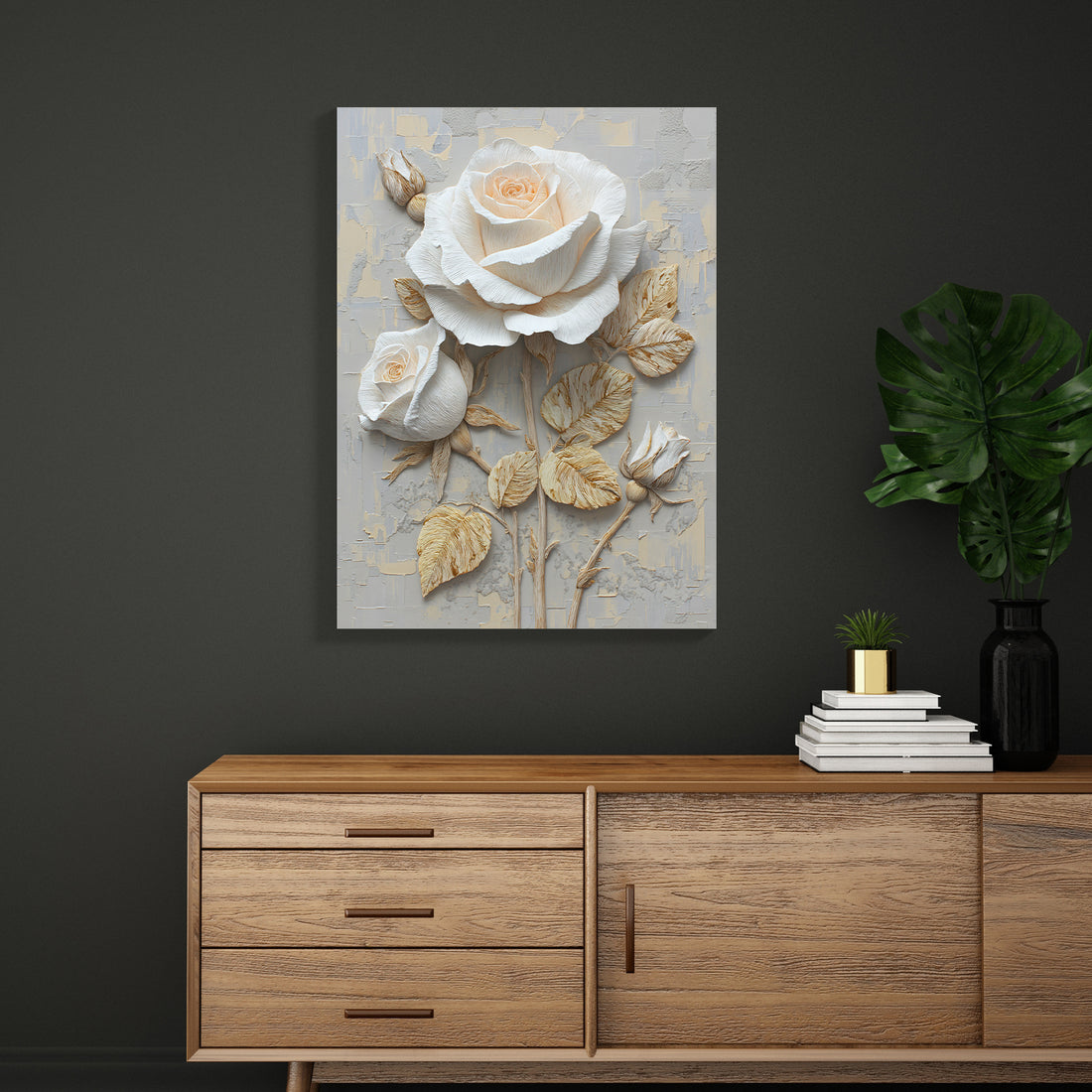 Transform your space with this striking 3D white rose wall art canvas, featuring hand-crafted textured relief painting that brings botanical elegance to any room. The delicate white roses are complemented by shimmering gold leaf accents, creating a sophisticated focal point with remarkable depth and dimension.