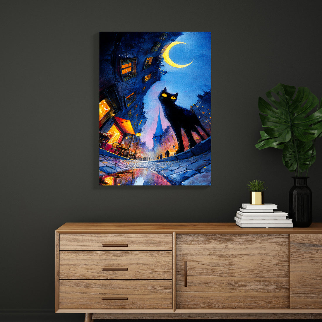 Elevate your interior with this captivating black cat wall art, featuring a mystical feline silhouetted against an atmospheric night city backdrop. This canvas print combines contemporary urban aesthetics with enigmatic charm, making it an ideal focal point for living rooms, bedroom walls, or spaces above sofas.