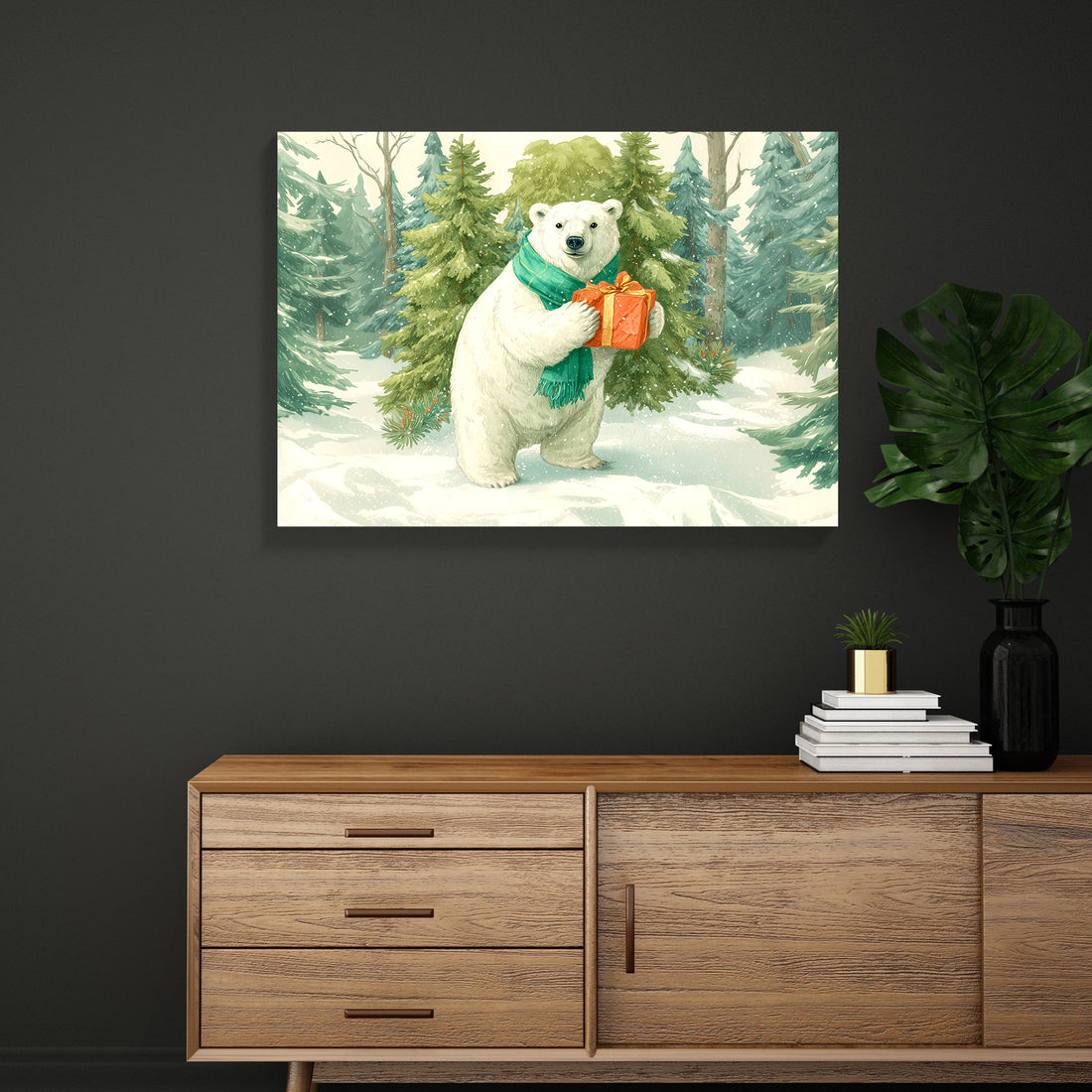 Winter Holiday Canvas Wall Art, Polar Bear with Gift in Snowy Forest Transform your space with this enchanting canvas artwork featuring a majestic polar bear cradling a festive gift amidst a serene snowy forest landscape.
