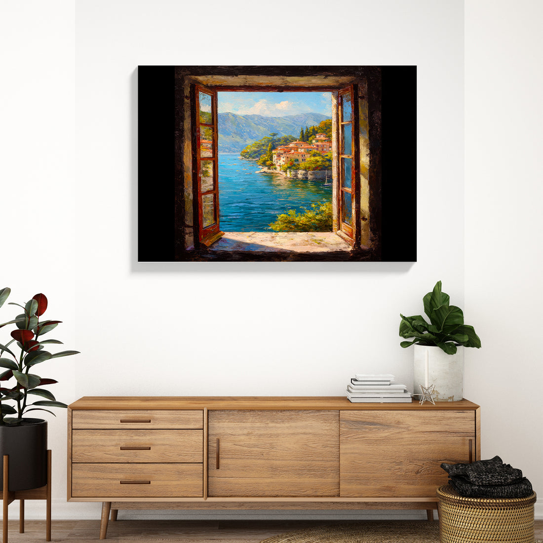 Transport your space to the sun-drenched shores of the Mediterranean with this captivating canvas wall art. Featuring a serene window-framed view of crystalline ocean waters and charming coastal villages, this piece brings authentic European elegance to any room. The composition's depth and perspective create an immersive escape, making it ideal for living rooms, bedrooms, or above sofas where it serves as a sophisticated focal point. High-quality canvas construction ensures lasting vibrancy and durability.