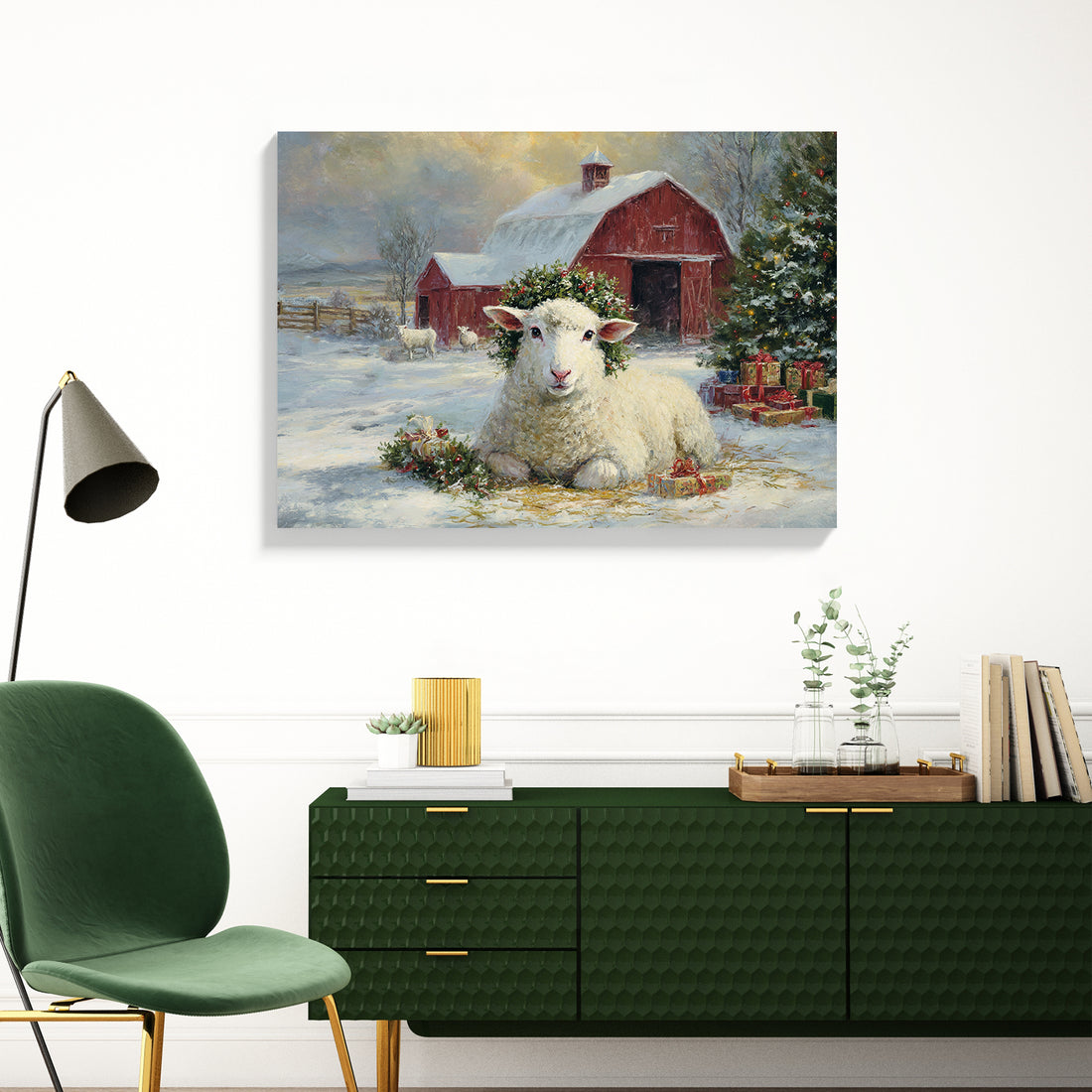 Transform your space with this evocative winter landscape canvas. Featuring a charming red barn nestled in a snow-covered pastoral setting with grazing sheep, this piece captures the serene beauty of rural farmlife.