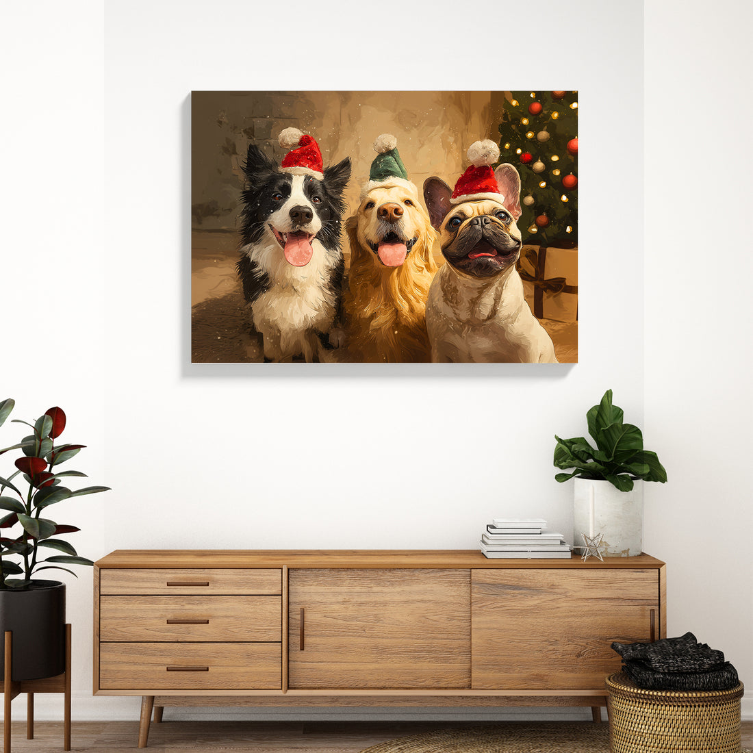 Bring festive cheer to your home with this charming canvas wall art featuring adorable dogs dressed in Santa hats. Perfect for the holiday season, this piece combines playful pet imagery with classic Christmas spirit, making it an ideal accent for living rooms, bedside spaces, or above sofas. The vibrant, cheerful design captures the warmth of the season while adding personality to any room.