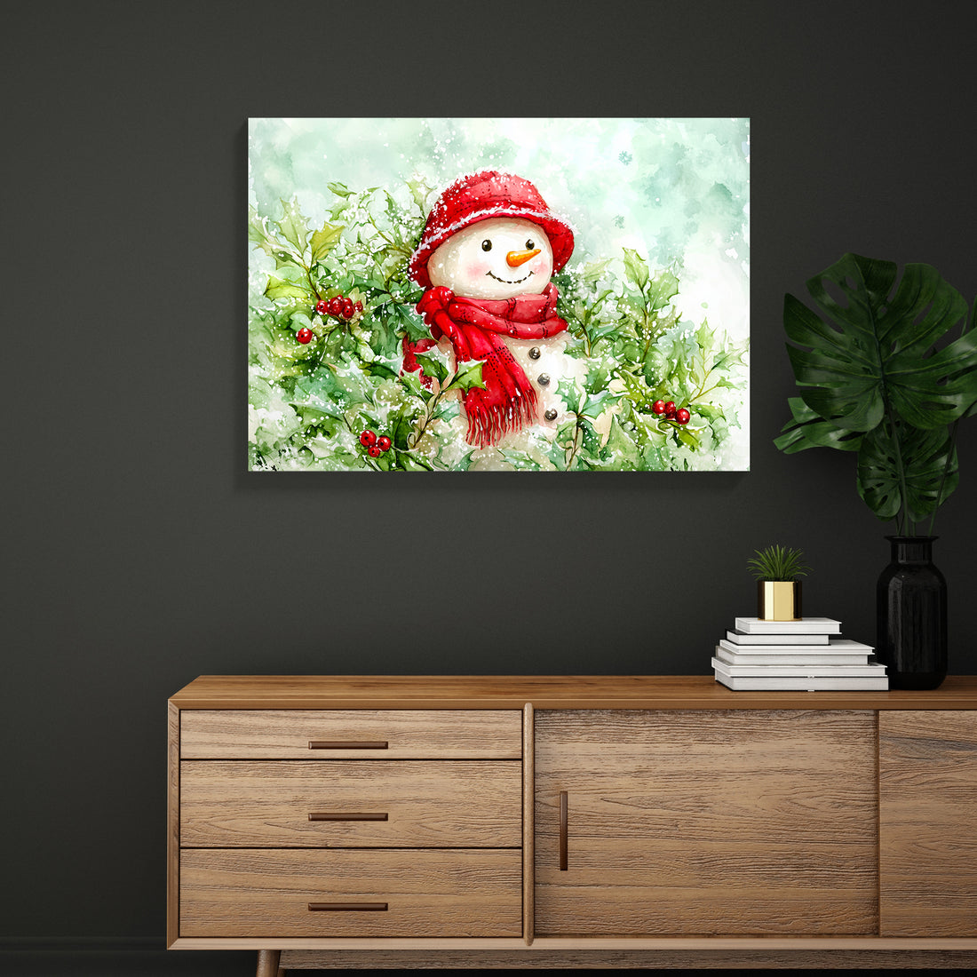 Bring festive warmth to your home with this charming Christmas watercolor canvas art. Featuring a whimsical winter snowman adorned with a vibrant red scarf, this piece captures the cozy spirit of the season through soft, artistic brushstrokes. 