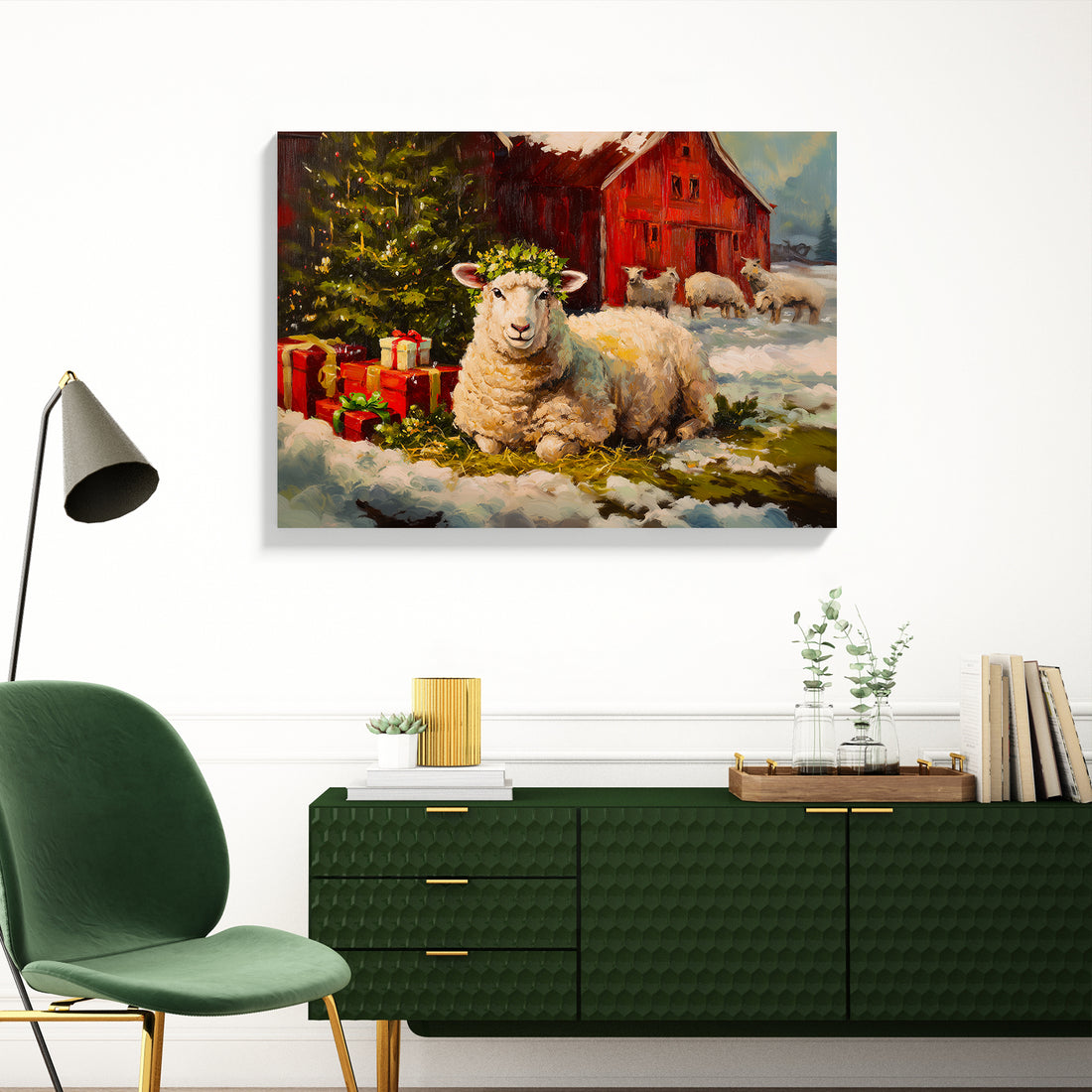 Transform your space with this charming Christmas Farm Scene Canvas Wall Art, featuring adorable winter sheep surrounded by festive presents. This expertly crafted piece brings warmth and holiday spirit to any room, making it an ideal focal point above your sofa, beside your bed, or throughout your home