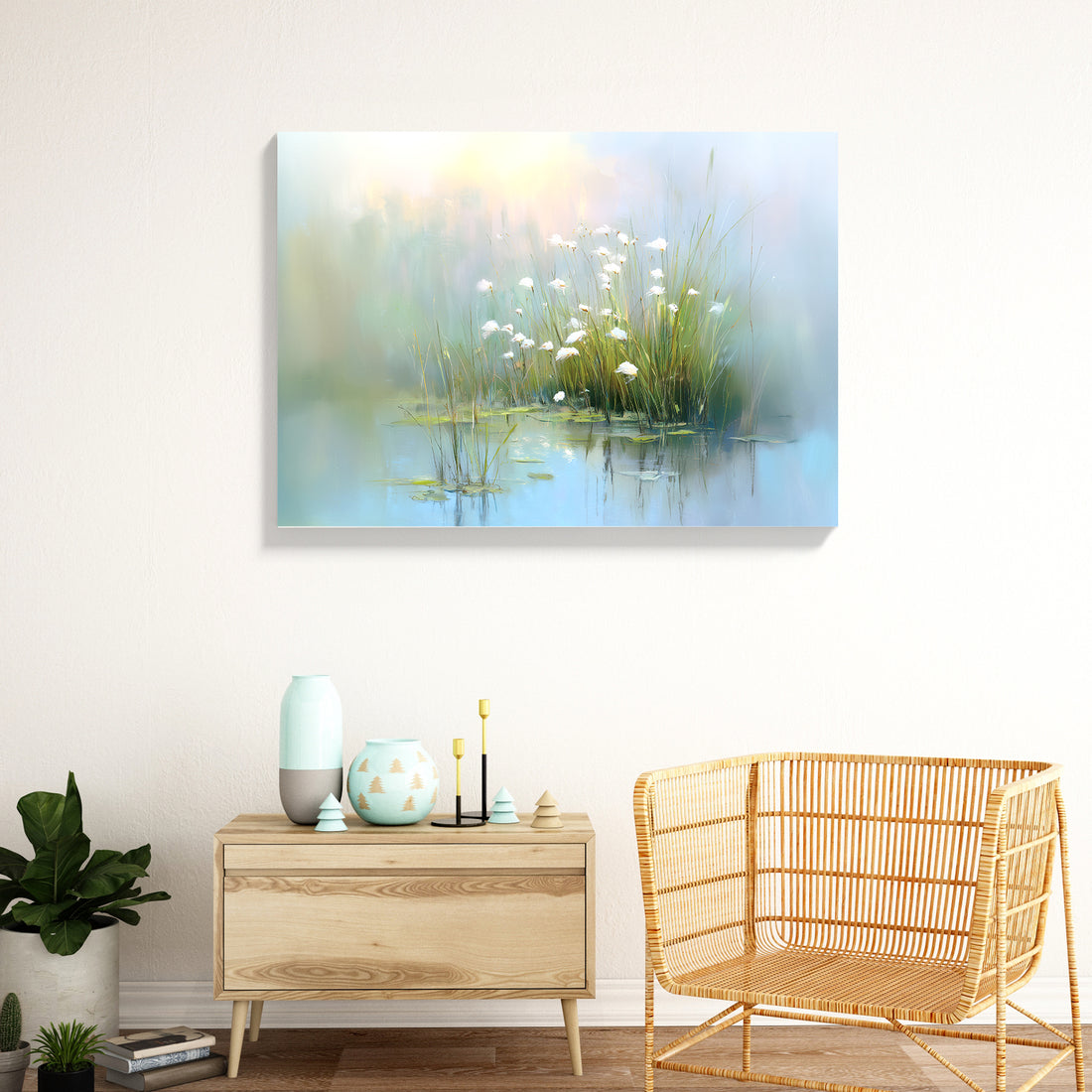 Bring tranquility into your space with this captivating canvas wall art featuring a serene lakeside landscape adorned with delicate white flowers. The soft, naturalistic composition creates a calming focal point perfect for living rooms, bedrooms, or any area needing visual respite. High-quality canvas construction ensures durability and vibrant color retention, while the versatile nature-inspired design complements both contemporary and traditional interiors.