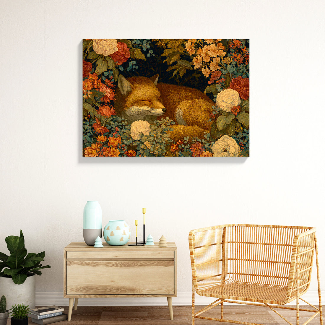 Bring serene woodland charm into your home with this captivating vintage floral fox canvas art. Featuring a peacefully sleeping fox nestled among blooming garden flowers, this piece combines natural beauty with artistic elegance. The soft, muted color palette and detailed botanical elements create a calming focal point perfect for living rooms, bedrooms, or above sofas. Ideal for those seeking to add personality and warmth to their interior spaces, this canvas wall art transforms any room into a tranquil re