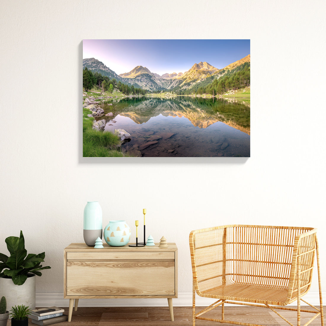 Capture the serene beauty of alpine landscapes with this stunning mountain lake canvas wall art. Featuring a breathtaking reflection scene where towering peaks mirror perfectly in tranquil waters, this piece brings nature's majesty into your home. The expertly composed alpine imagery creates a calming focal point ideal for living rooms, above sofas, or beside bedroom spaces.